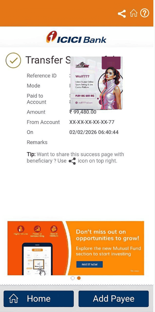 Wolf777 withdrawal proof ICICI bank transfer ₹99480 successful payout