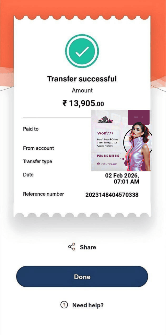 Wolf777 bank transfer successful ₹13905 payment proof India betting