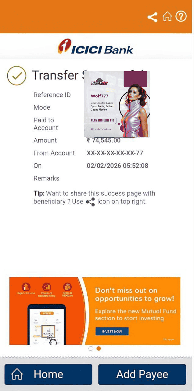 Wolf777 withdrawal proof ₹74545 ICICI bank transfer successful