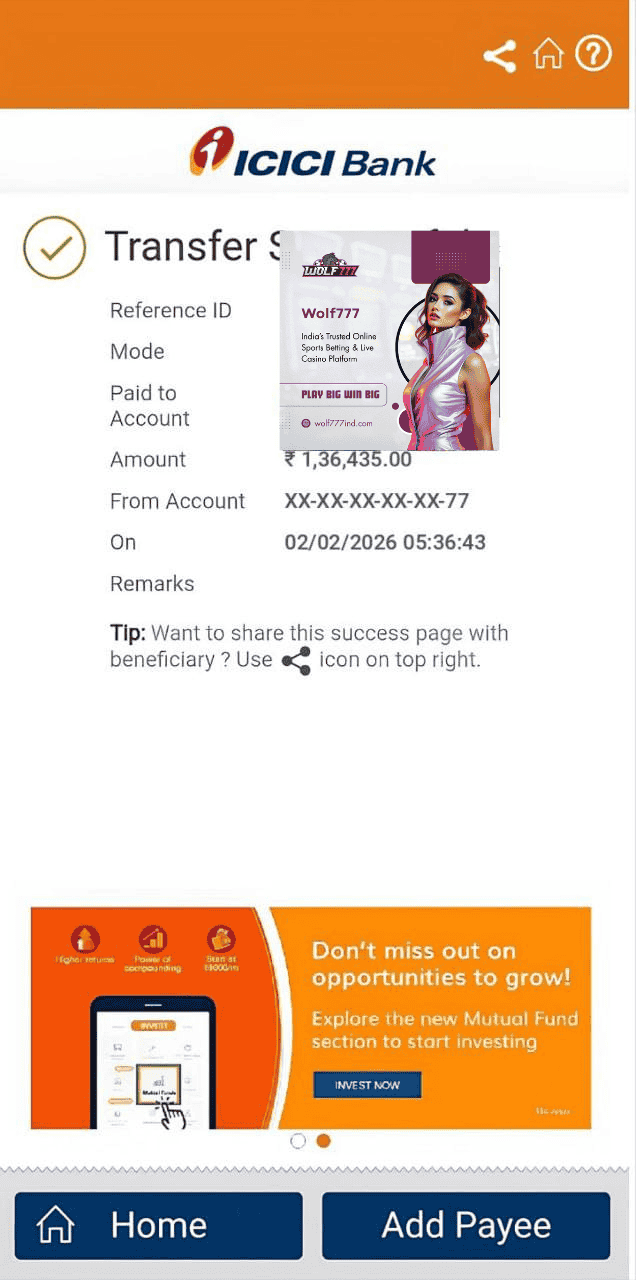 Wolf777 high amount withdrawal ₹136435 bank transfer proof India