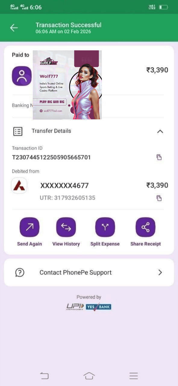 Wolf777 PhonePe transaction successful ₹3390 payment proof India