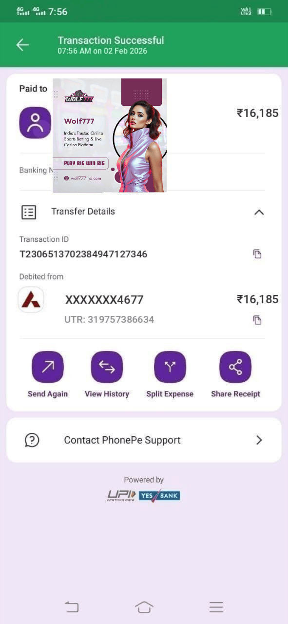 Wolf777 UPI withdrawal ₹16185 PhonePe transaction proof India