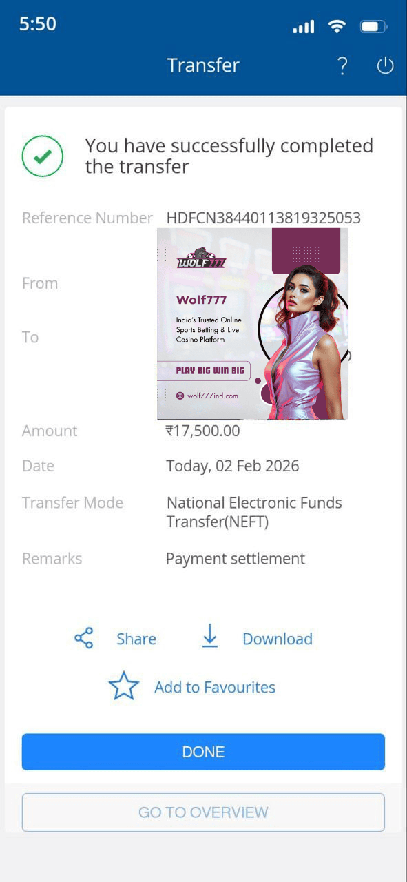 Wolf777 NEFT transfer ₹17500 HDFC bank payment proof India