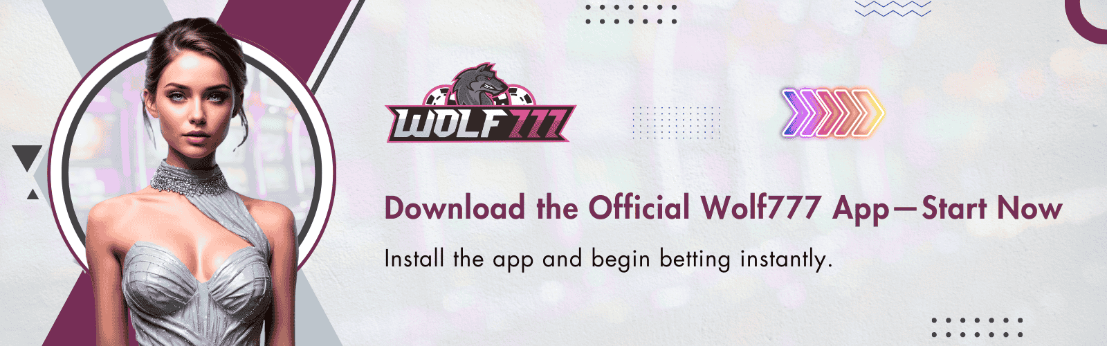 Download the official wolf777 apk banner with model promoting Wolf 777 APK and online betting app in India