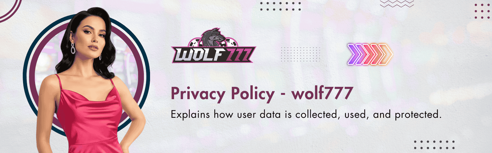 Wolf777 privacy policy banner with logo, woman in red dress, and text explaining how user data is collected and protected