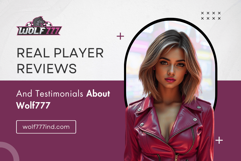 Wolf777 real player reviews banner featuring a female model and website link wolf777ind.com