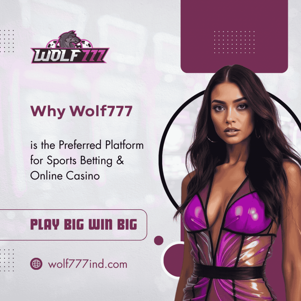Wolf777 sports betting and online casino promotional banner with female model and Play Big Win Big slogan