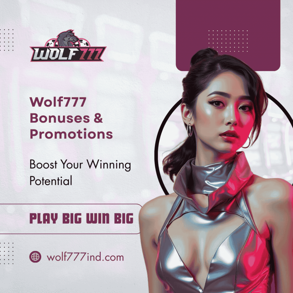 Wolf777 bonuses and promotions banner with female model and Play Big Win Big slogan