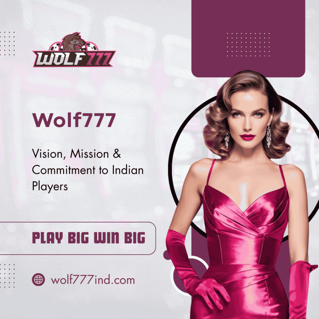 Wolf777 vision and mission promotional banner with female model and Play Big Win Big slogan