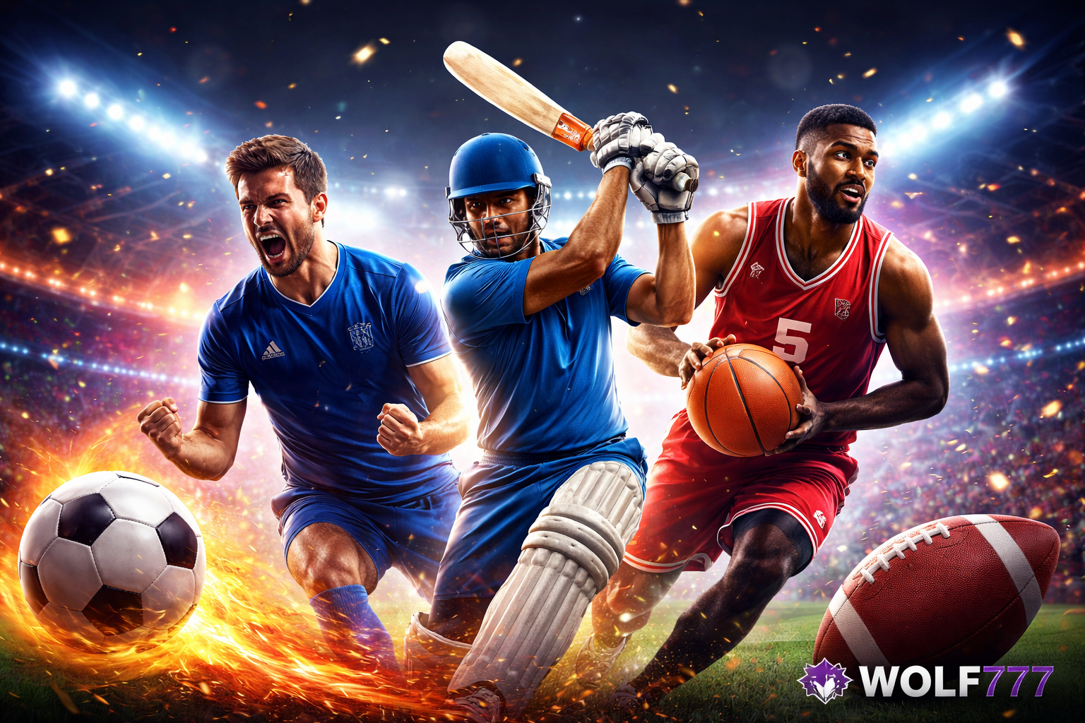 Cricket football and basketball players in action with Wolf777 sports betting theme