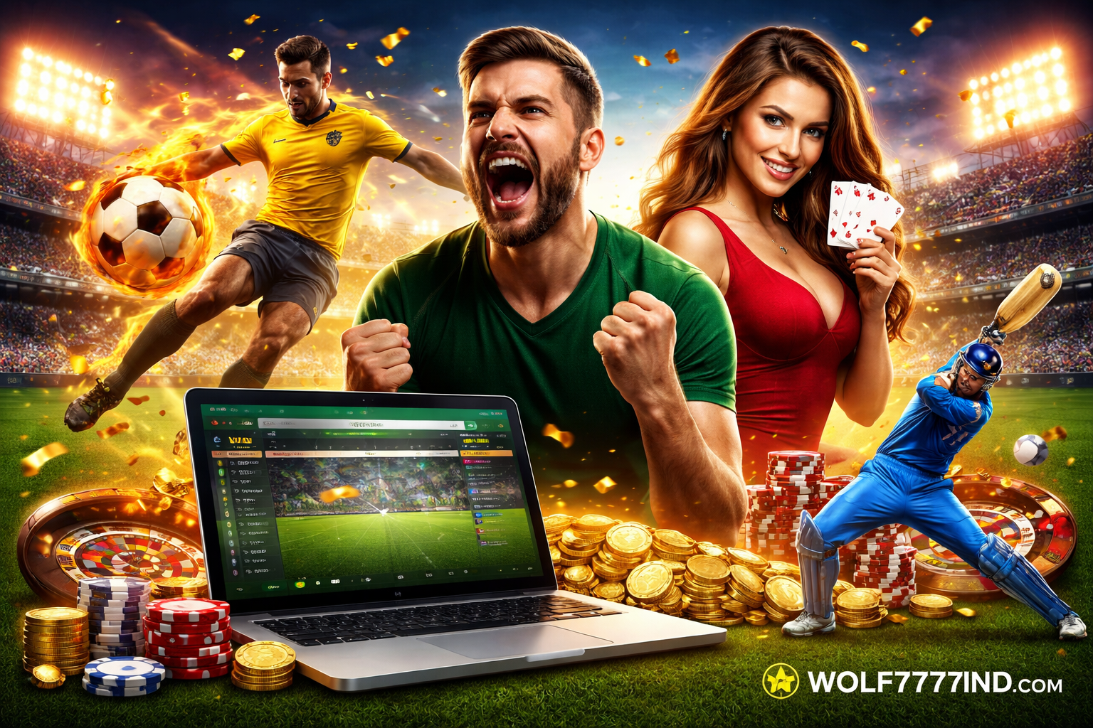 Trusted online casino India concept with sports betting, live casino games, poker chips and cricket action representing Wolf777 gaming platform