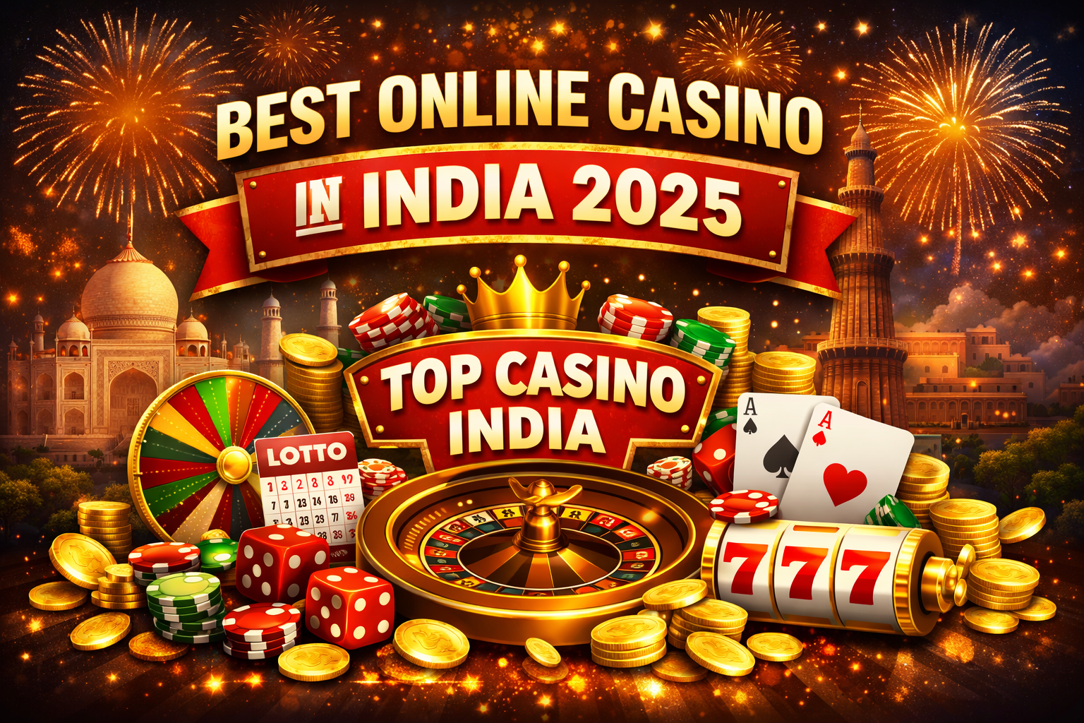 Best online casino in India 2025 with roulette wheel, poker chips, slot machine 777, and Indian landmarks background