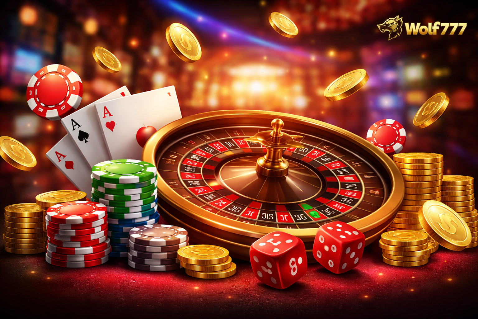 Wolf777 online casino gaming banner with roulette wheel, poker chips, playing cards and gold coins