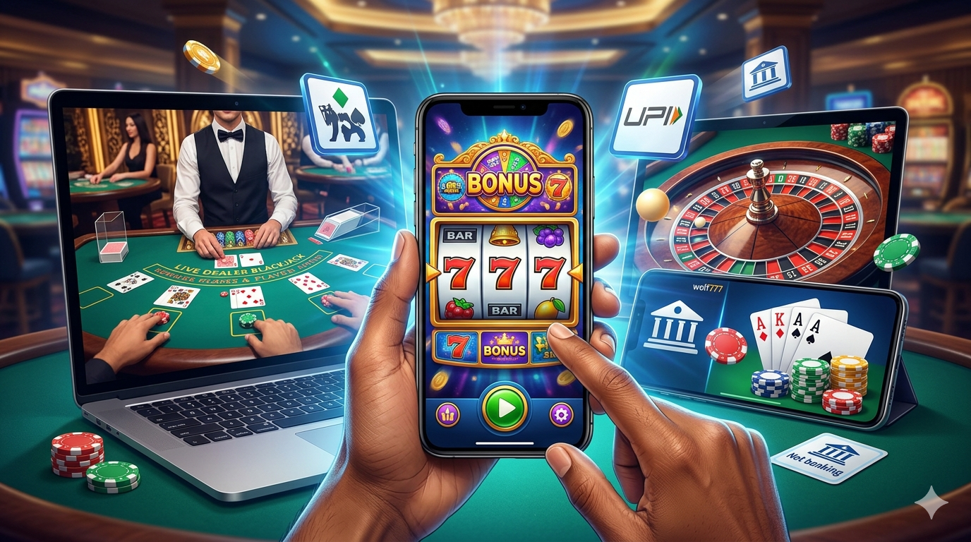 A smartphone displaying a colorful slot machine game with "wolf777" watermark, surrounded by a laptop showing live dealer blackjack and a tablet featuring a roulette wheel and UPI payment icons.