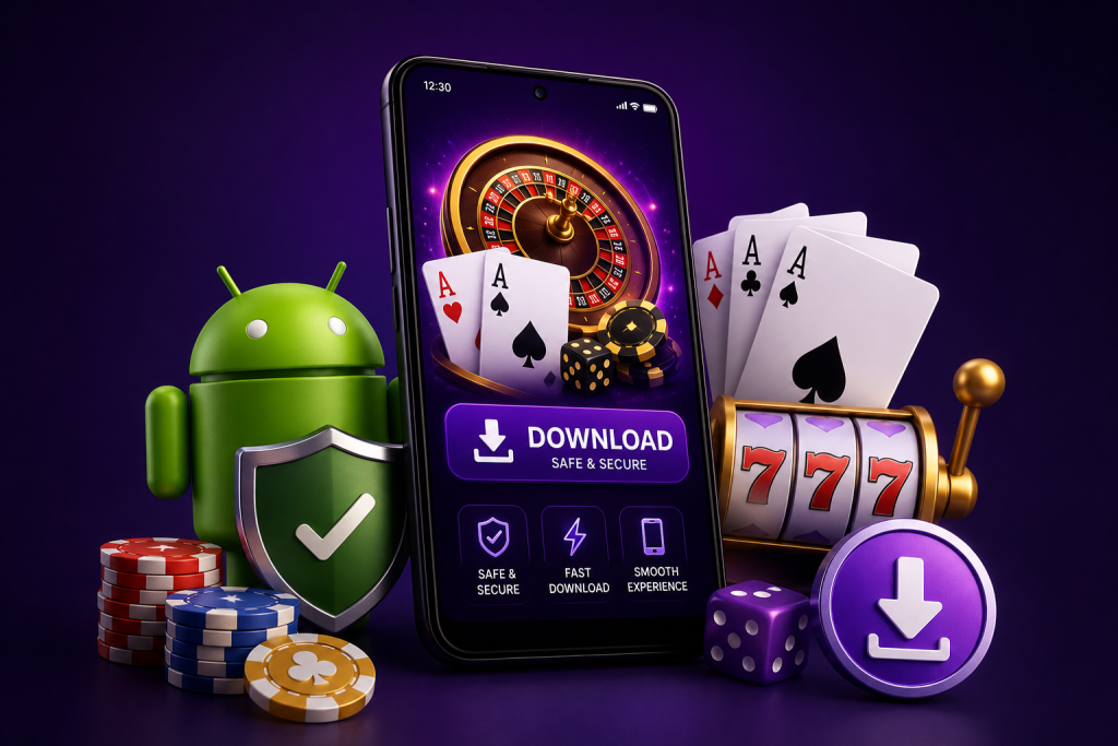 online casino app download illustration with Android smartphone and casino gaming elements
