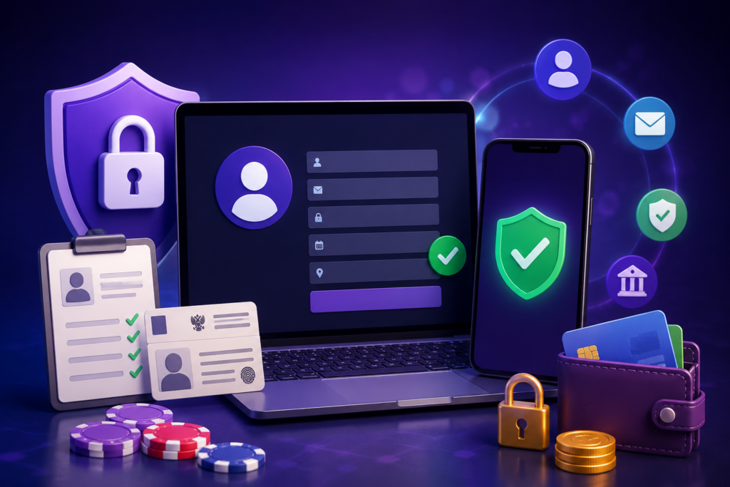Online casino registration process with secure casino registration, ID verification, mobile signup, and payment setup illustration