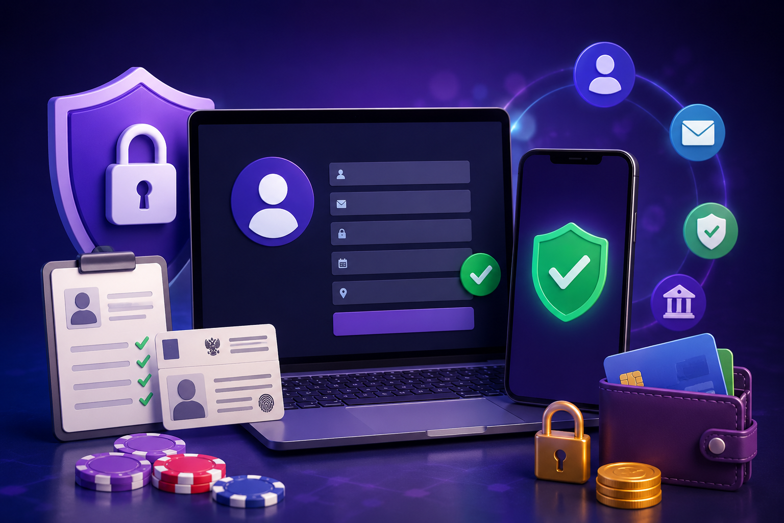 Online casino registration process with secure casino registration, ID verification, mobile signup, and payment setup illustration