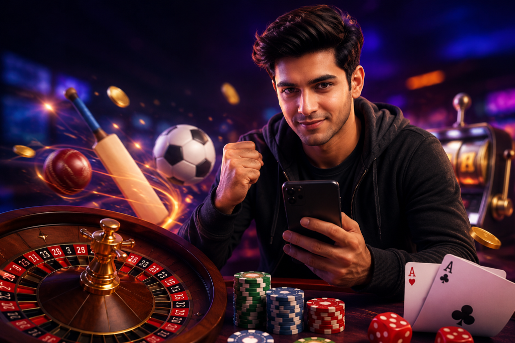 Player using the best casino app in India for online casino games and sports betting on mobile