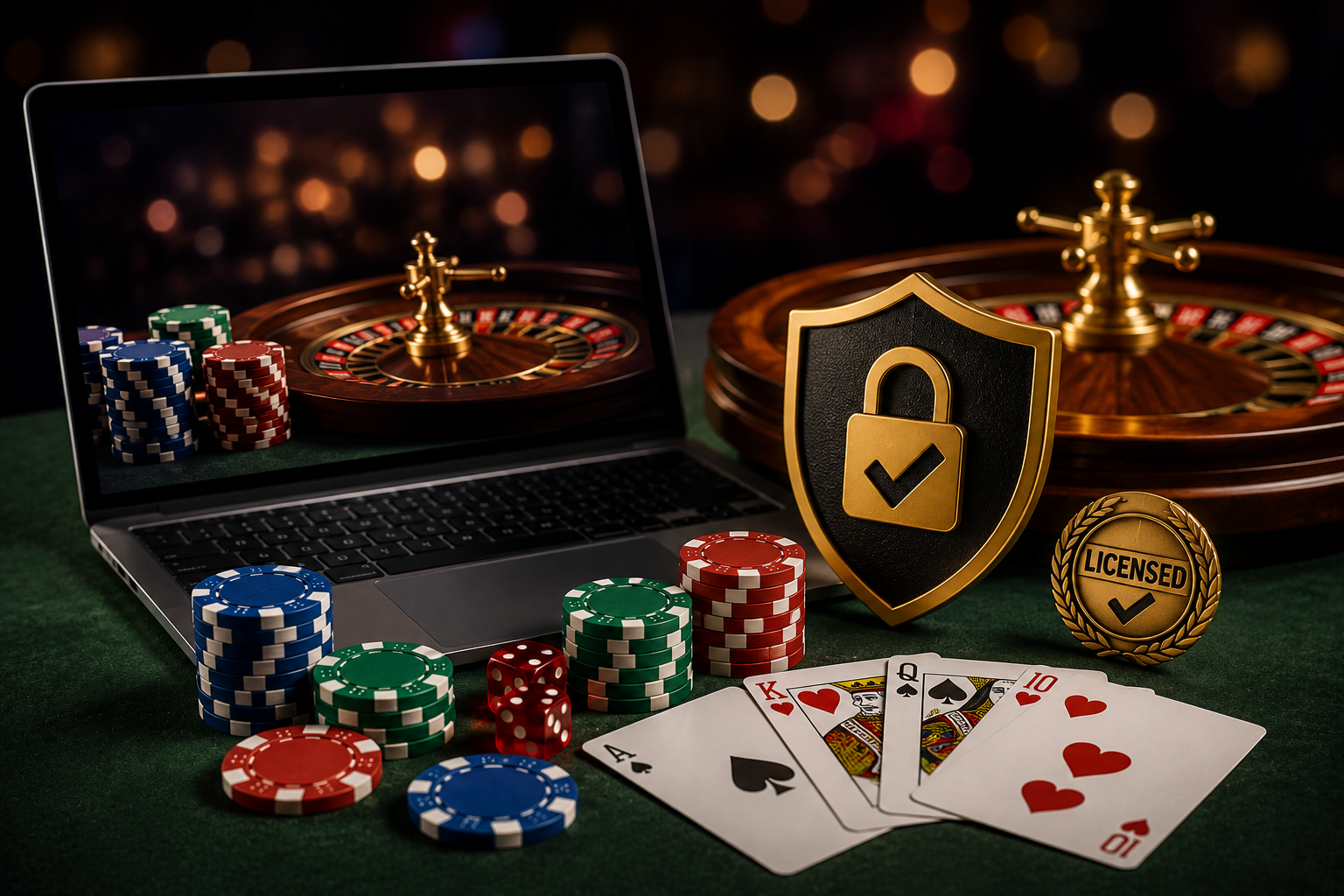 Licensed online casino and verified online casinos concept showing secure gaming platform, casino chips, cards, roulette wheel, and online casino security features