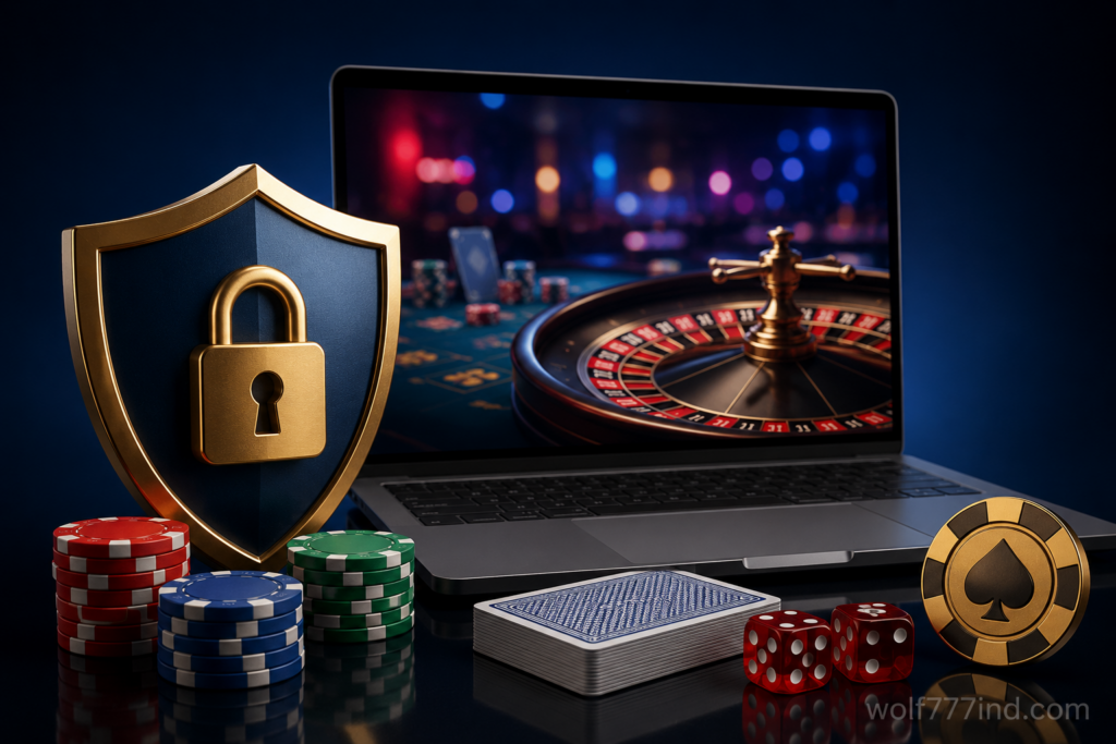 Split screen illustration showing a secure real online casino with lock icon vs a risky fake casino with warning sign