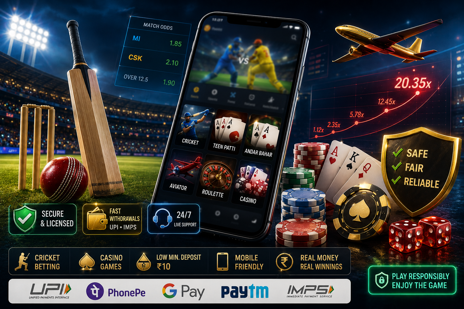 Mobile app showing online betting games in India like cricket betting, Teen Patti, Andar Bahar, Aviator, Roulette with match odds MI 1.85 CSK 2.10, poker chips and UPI payment options