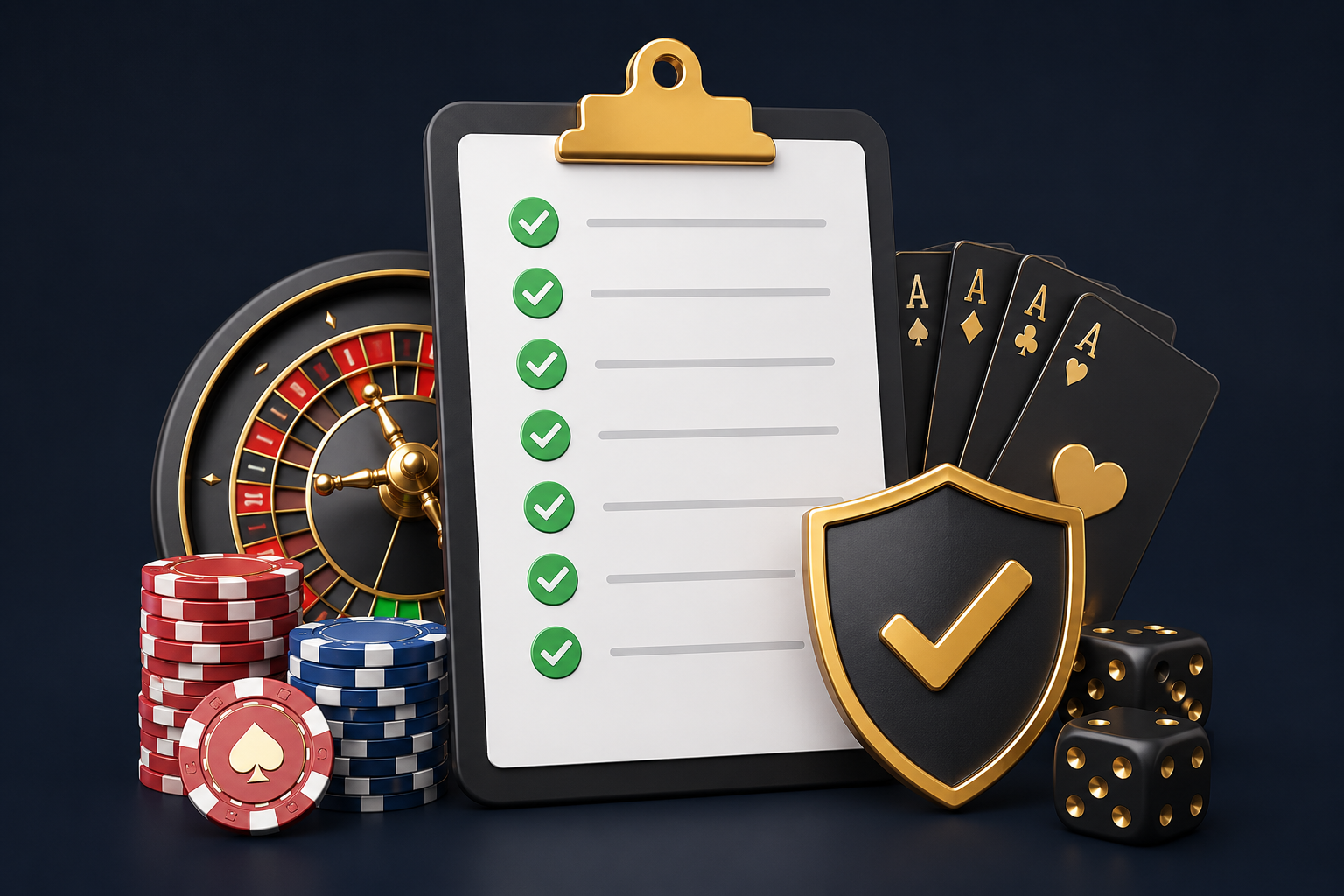 3D illustration of a casino safety checklist with shield, roulette wheel, poker chips, cards, and dice representing good online casinos in India and secure gambling.