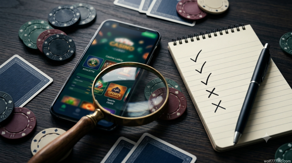 Magnifying glass over a smartphone showing casino games with poker chips and checklist notepad on desk, concept for how to read online casino reviews like an expert