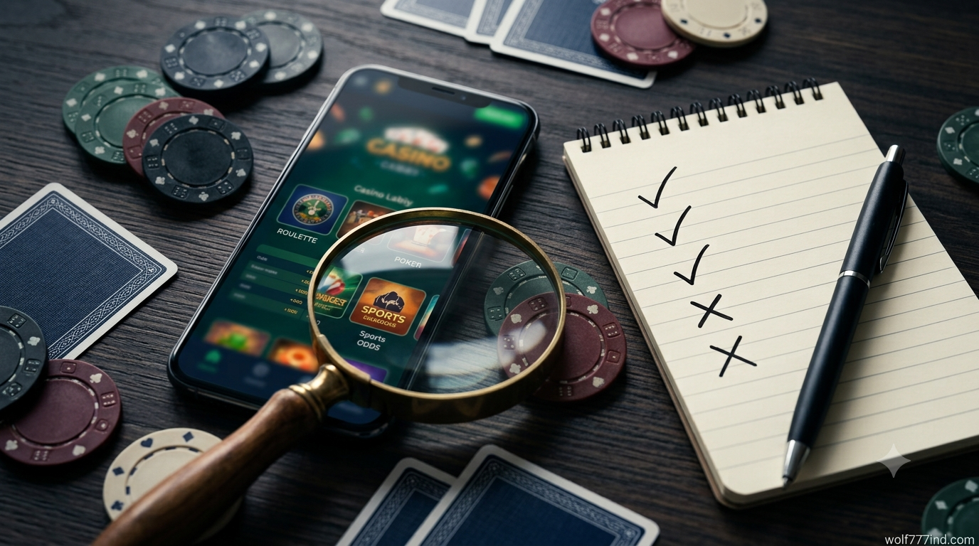 Magnifying glass over a smartphone showing casino games with poker chips and checklist notepad on desk, concept for how to read online casino reviews like an expert